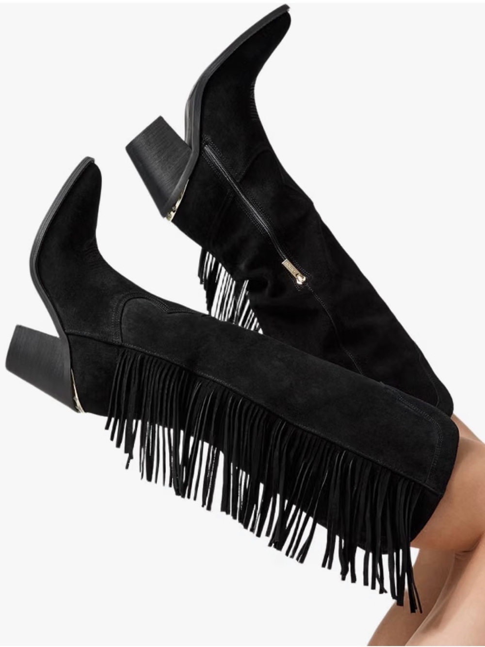 GUESS Black Suede Fringe Tall Heeled Boots - Women #1035